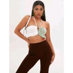 Top halter de dos tonos con aro O ribete con fruncido de espalda con tira cruzada