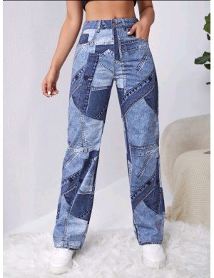 Jeans con estampado de retazo de pierna ancha/ Talla S