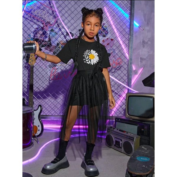 Estampado floral con mariposa Camiseta de hombros caídos & con malla Falda/ Talla 11-12 años