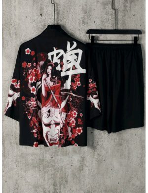 Hombres con estampado de figura y letra Kimono & Shorts sin camiseta/ Talla L-XL