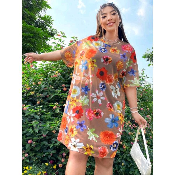 EZwear Vestido estilo camiseta con estampado floral de hombros caídos de malla sin lencería/ Talla 2XL-3XL