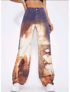 Jeans con estampado de figura de pierna ancha/ Talla S