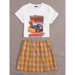 Conjunto camiseta corta con estampado de dibujo con falda de tartán con abertura M/ Talla L