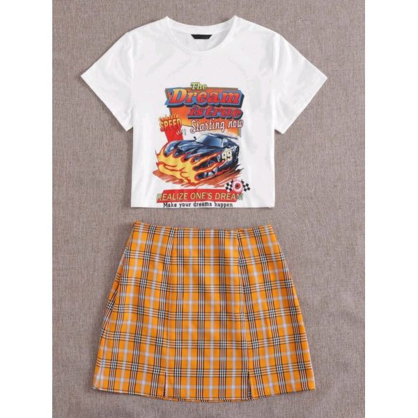 Conjunto camiseta corta con estampado de dibujo con falda de tartán con abertura M/ Talla L