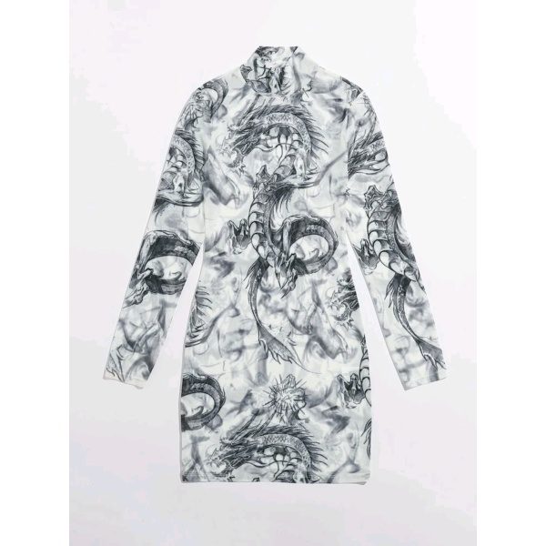 Vestido ajustado con malla de cuello alto con dragón chino/ Talla XL