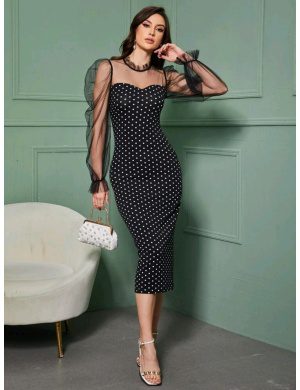 Vestido de malla transparente yugo de manga gigot de lunares/ Talla L
