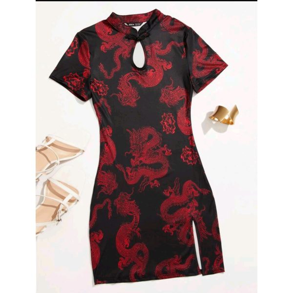 Vestido qipao con estampado de drag n chino Talla S Lepidoptera