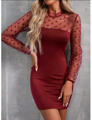 Vestido ajustado de lunares de malla de espalda con abertura de ojo/ Talla L