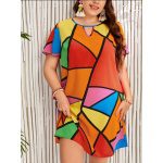 Vestido túnico con estampado geométrico de color combinado de cuello con abertura de ojo/ Talla 0XL