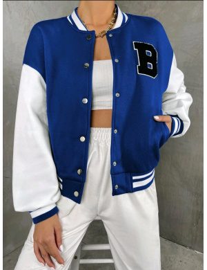Cazadora de universidad con parche de letra ribete de rayas de hombros caídos/ Talla M-XXL