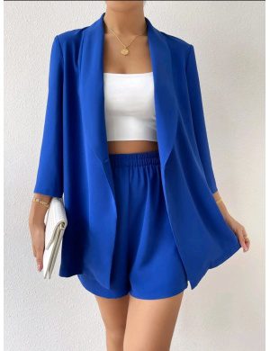 Blazer unicolor de cuello esmoquin & Shorts/ Talla L