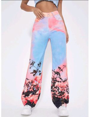 Jeans con estampado floral de talle alto de pierna ancha/ Talla S
