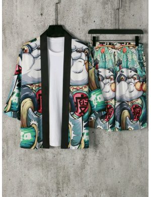 Hombres con dibujos animados & con estampado de letra china Kimono & Shorts sin camiseta/ Talla XL