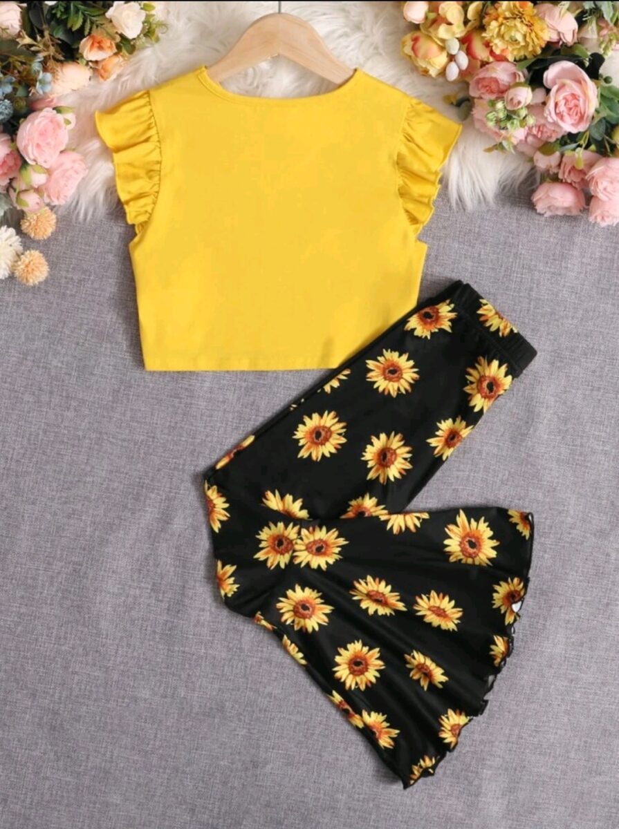 Niñas de manga mariposa Top & con estampado de girasol Pantalones acampanados/ Talla 11-12 años